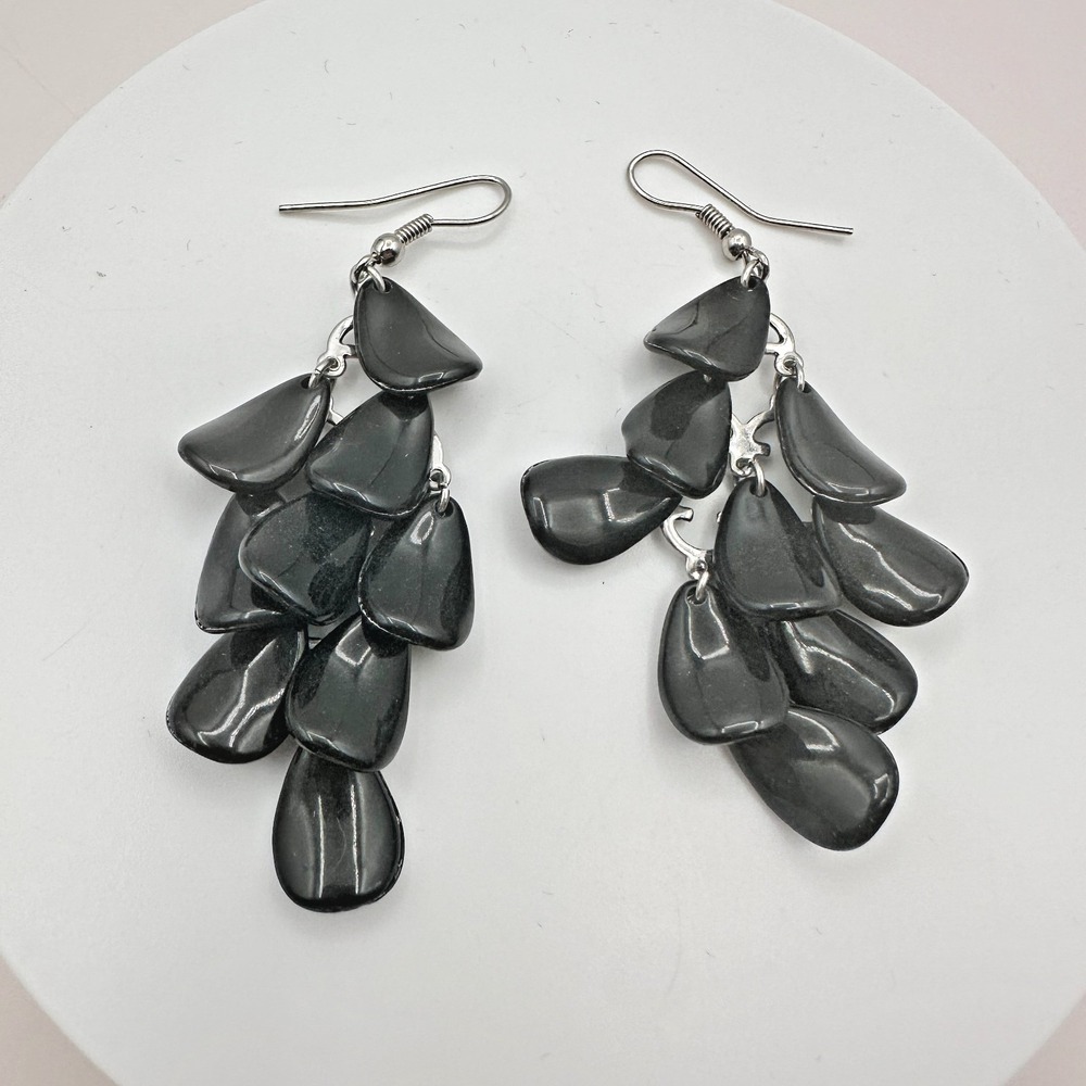 90s Vintage Silver Tone Black Pebble Dangle Earrings Y2K Women's Jewelry